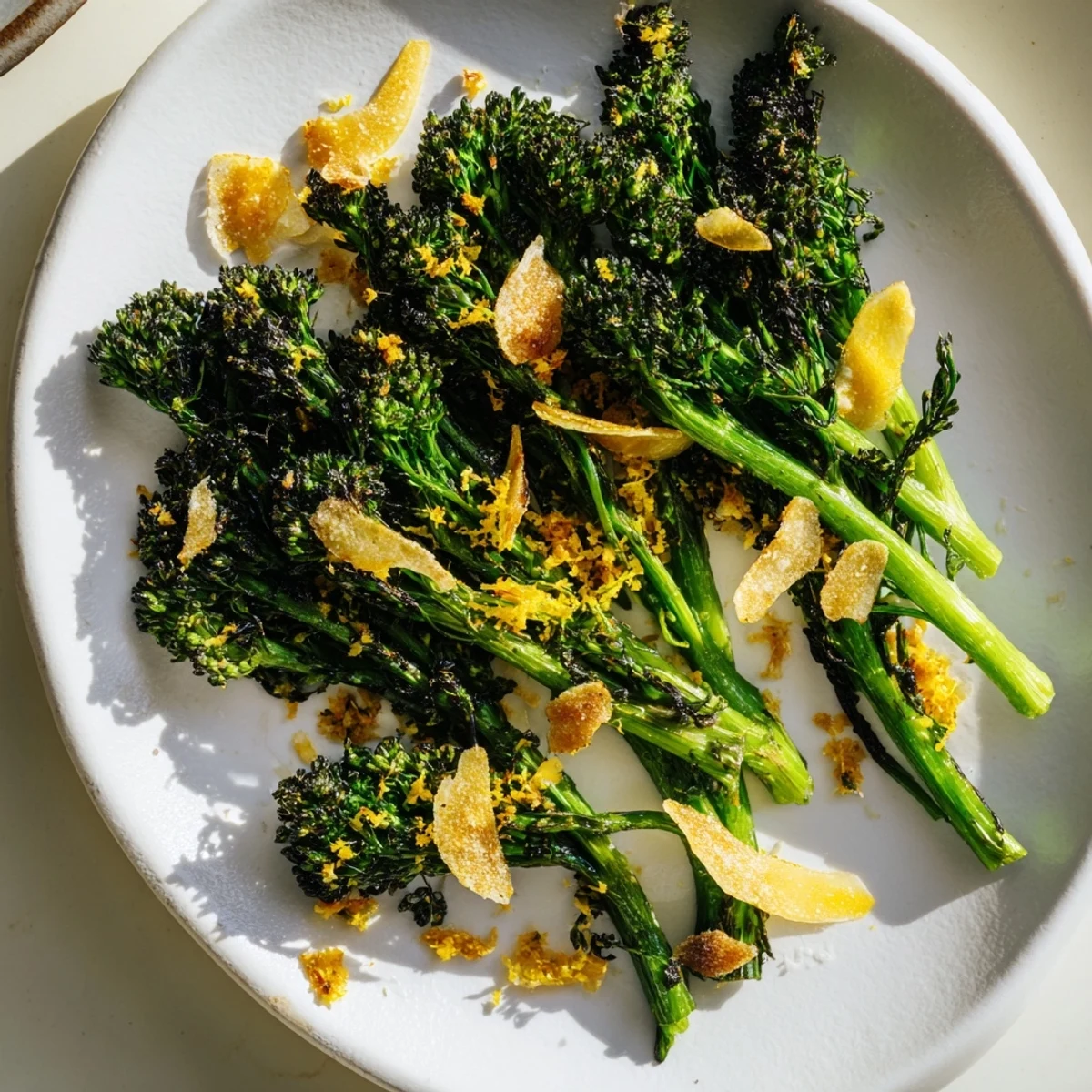 Air-fried broccolini salad with charred edges, Parmesan, and crispy garlic, ready to enjoy.