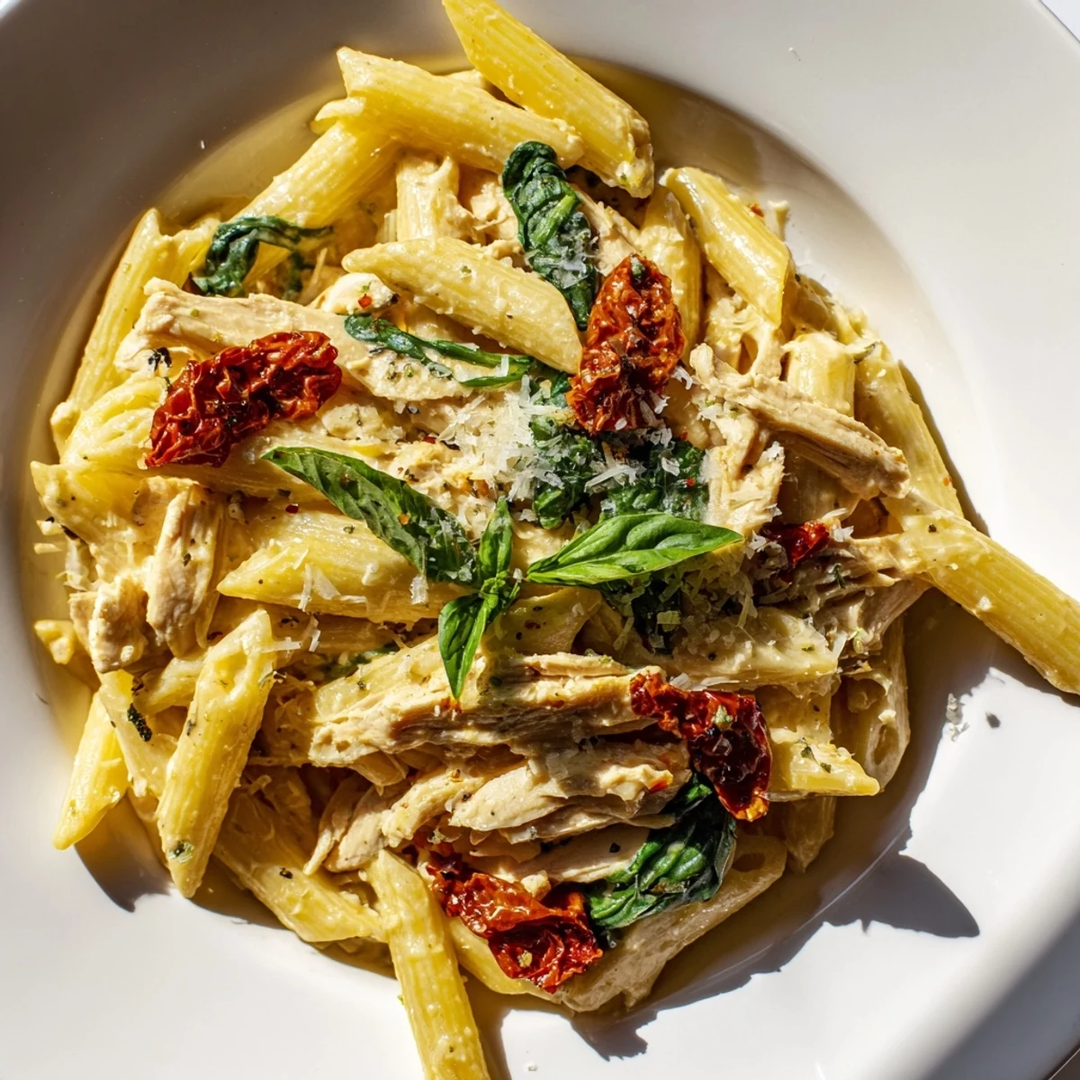 Creamy Tuscan Chicken Pasta, a rich and inviting plate filled with golden chicken and creamy sauce.