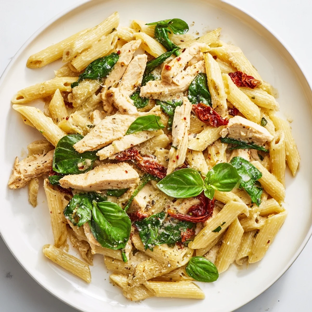 This photo features a comforting bowl of Creamy Tuscan Chicken Pasta, highlighting tender chicken in a creamy sauce.