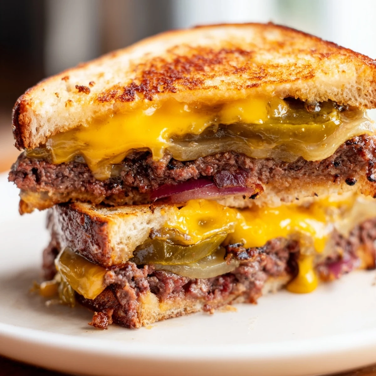 Golden, melty cheddar oozes from the delicious Smashed Burger Grilled Cheese, ready for a bite.