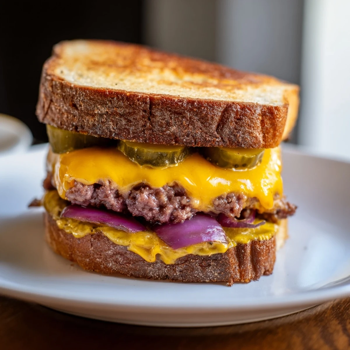 A close-up of a sizzling Smashed Burger Grilled Cheese on a griddle, bread perfectly toasted.