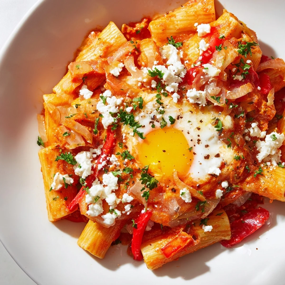 Savory Quick Shakshuka Pasta with fresh herbs and crumbled feta, ready for a satisfying vegetarian dinner.