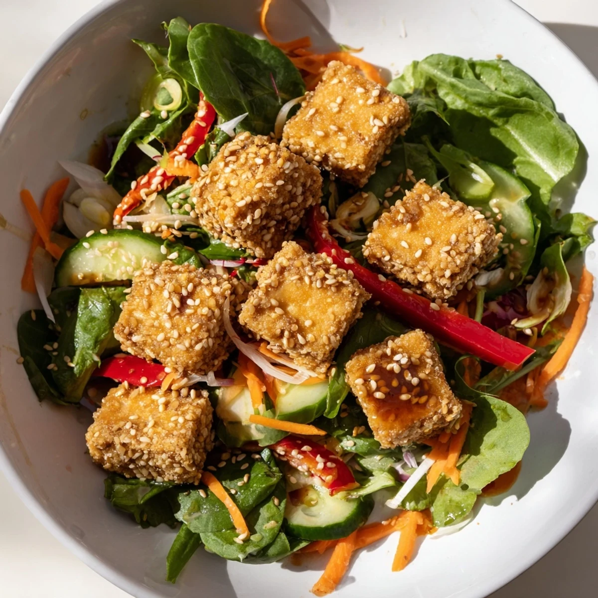 Golden, crispy tofu salad, bursting with colorful veggies and savory ginger-soy dressing; a satisfying vegetarian meal.