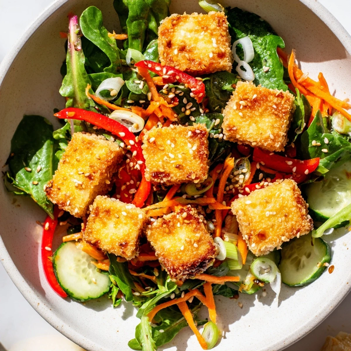 A close-up of crispy tofu salad, highlighting the golden-brown tofu cubes atop a vibrant bed of fresh greens.