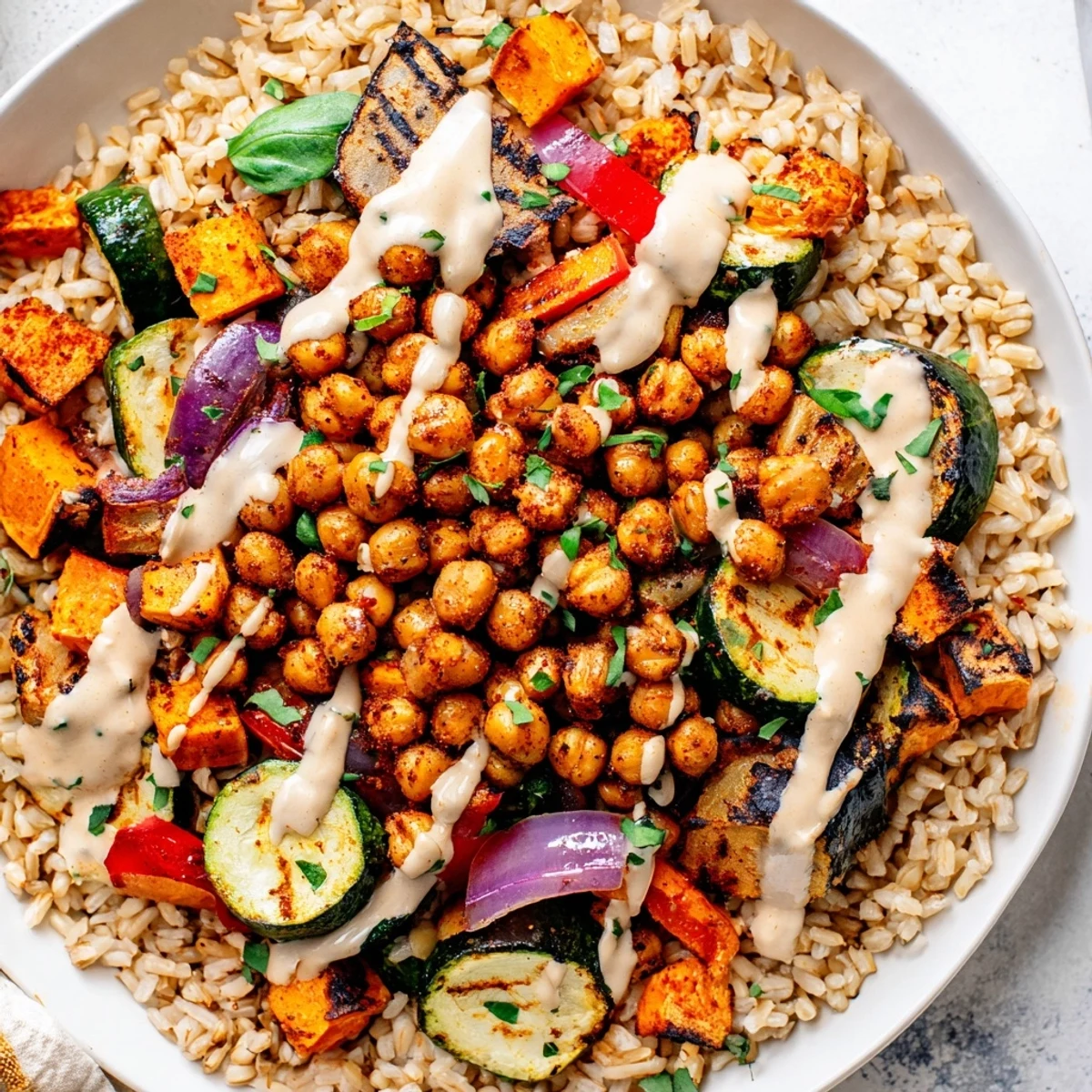This vegan Roasted Chickpea Buddha Bowl features fluffy rice under a swirl of creamy tahini sauce.