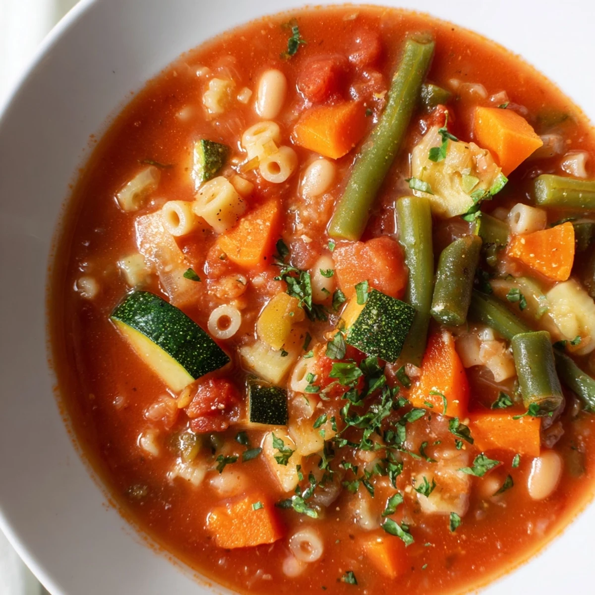 Steaming bowl of Tomato Basil Minestrone, filled with colorful vegetables and pasta, ready to enjoy.