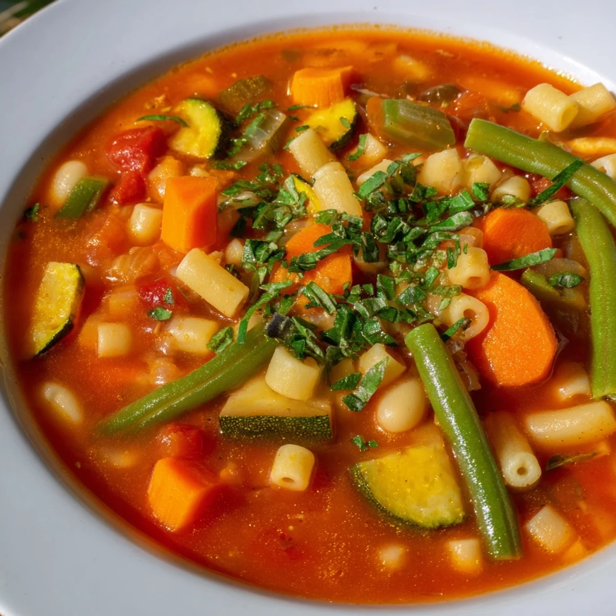 Hearty Tomato Basil Minestrone, a comforting Italian soup with fresh basil and a rich tomato base.