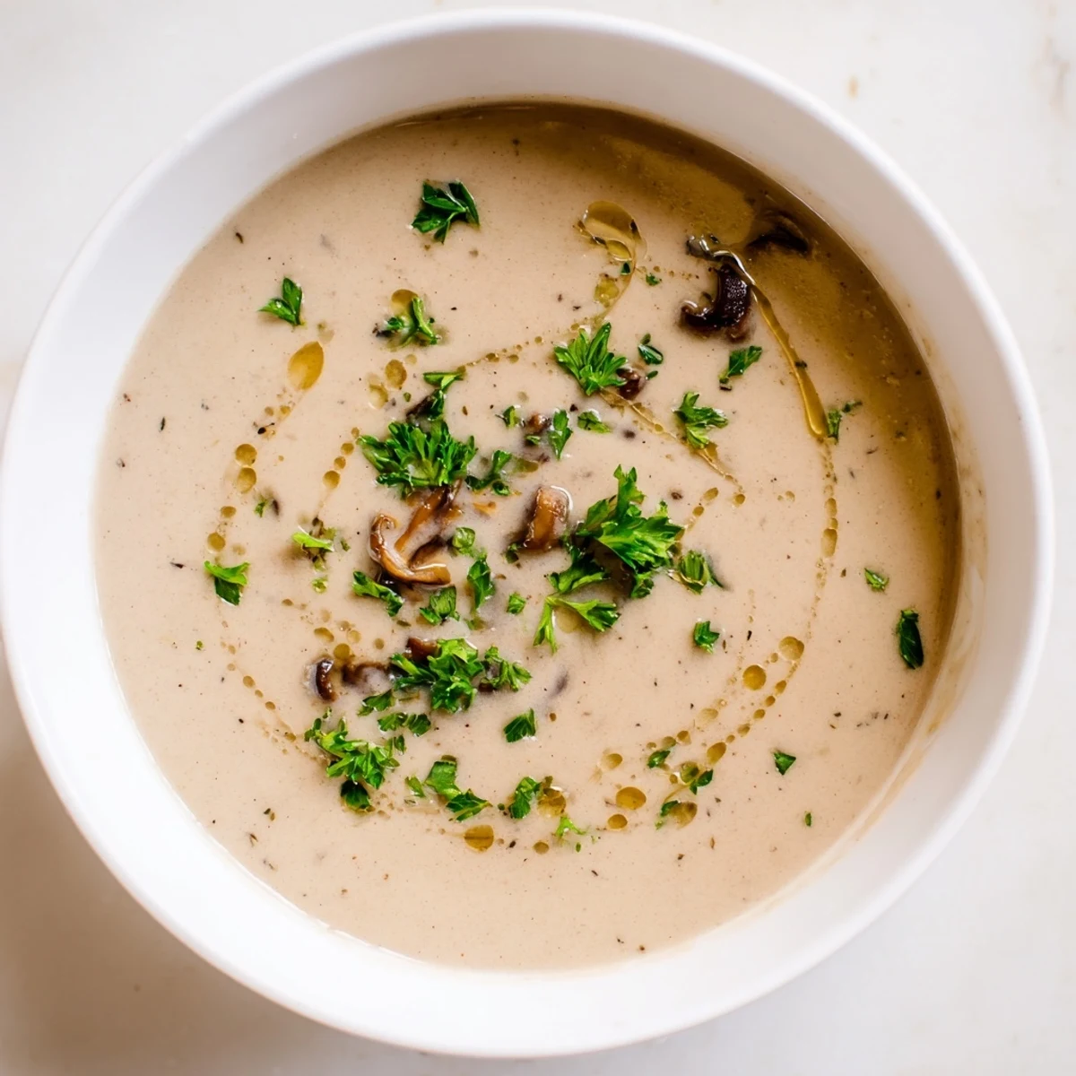 Steaming bowl of creamy mushroom bisque, richly flavored, garnished with fresh chives, ready to eat.