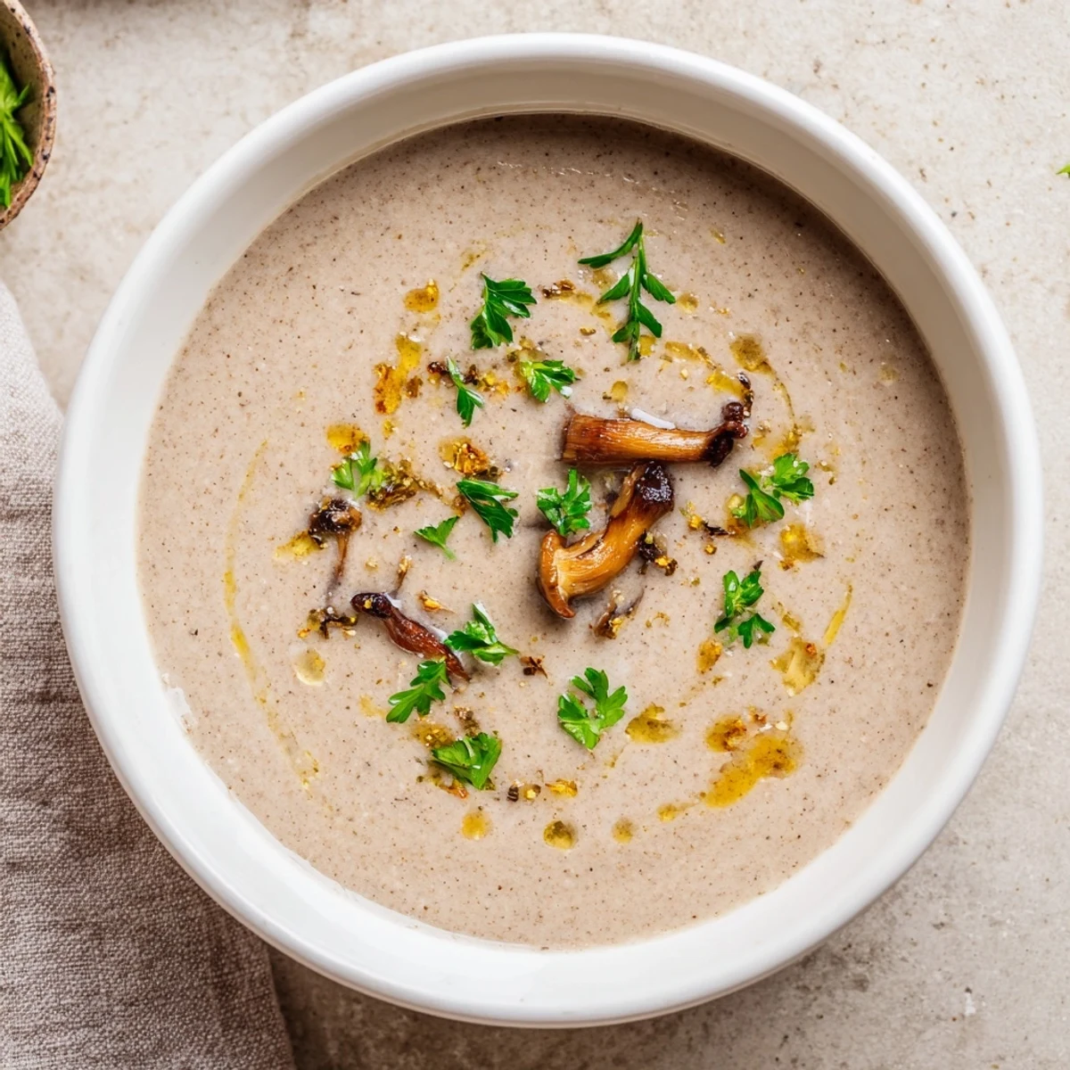 Velvety smooth creamy mushroom bisque served in a white bowl, looking inviting and warm for a cozy dinner.