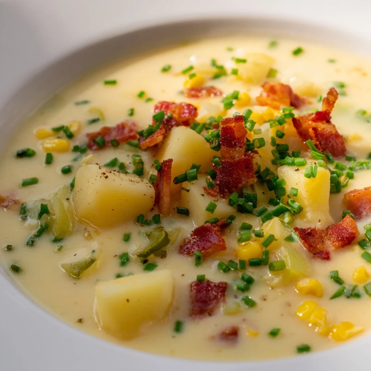 Flavorful Corn Chowder soup, brimming with sweet corn, bacon, and tender potatoes served in a rustic bowl.