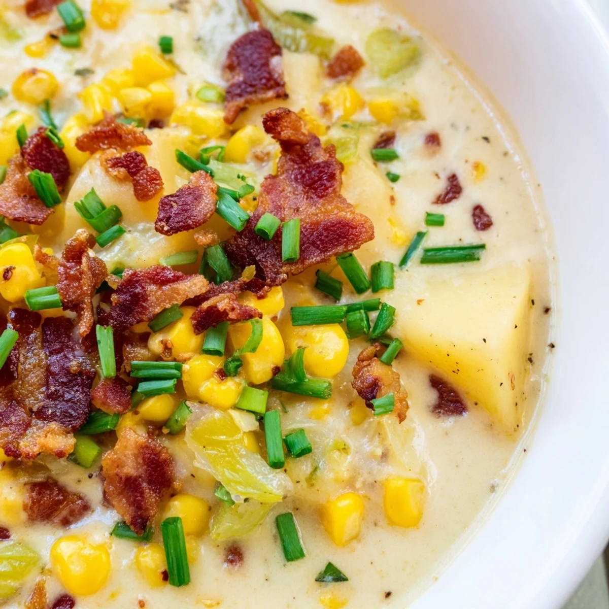 Golden-hued Corn Chowder, a comforting American soup, showing off visible corn kernels and bits of bacon.