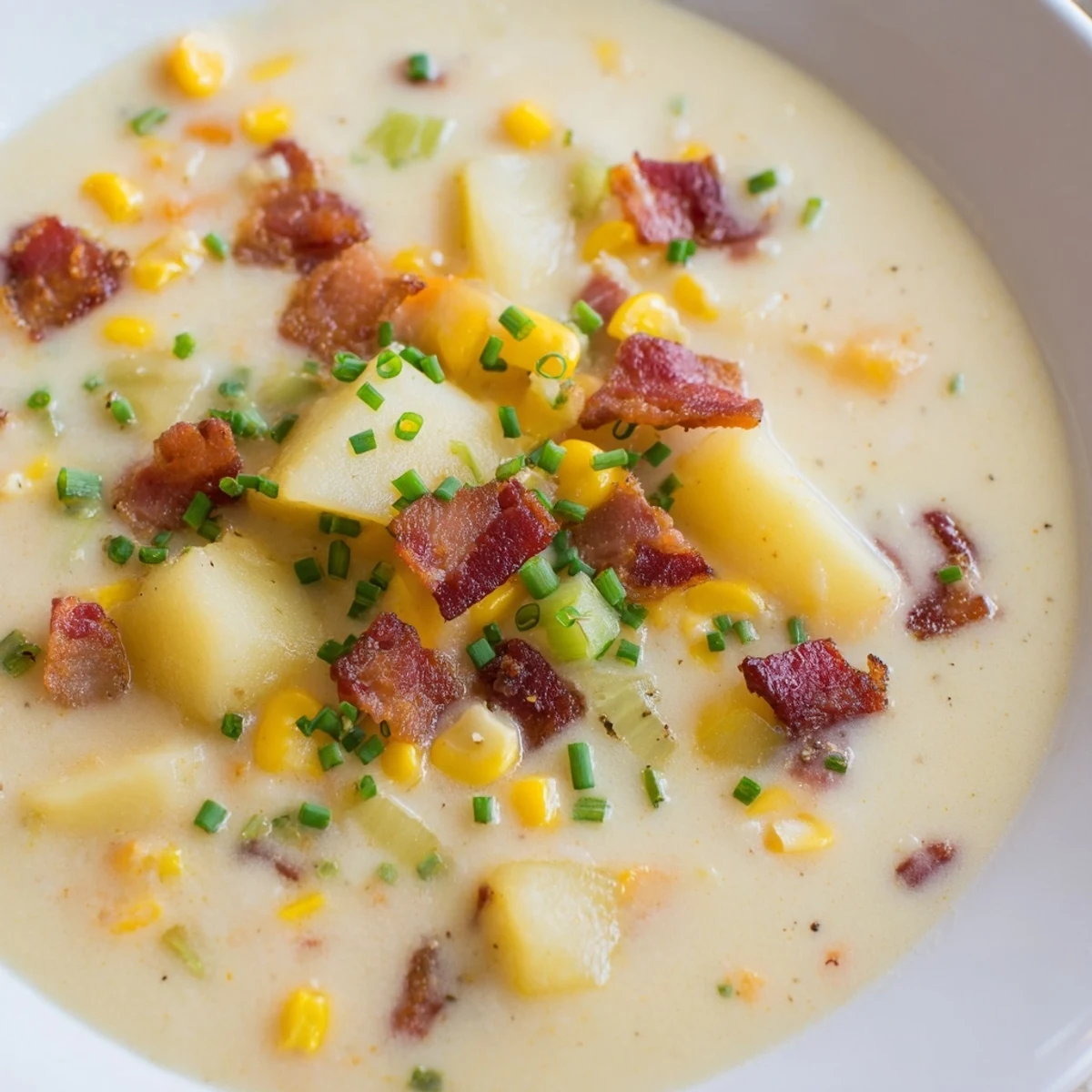A steaming bowl of creamy Corn Chowder with crispy bacon and fresh chives, ready to enjoy.