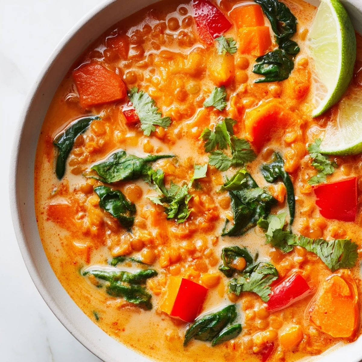Steaming bowl of Lentil Red Curry Soup, garnished with cilantro and ready to be enjoyed.