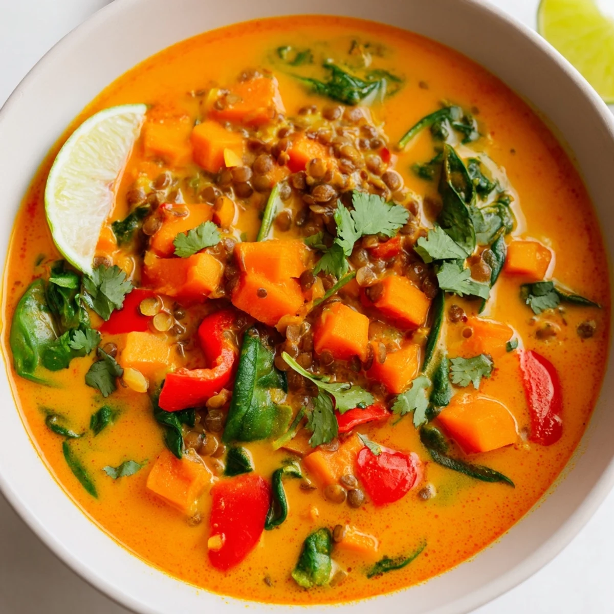 Hearty Lentil Red Curry Soup with vibrant vegetables, perfect for a warming, flavorful dinner.