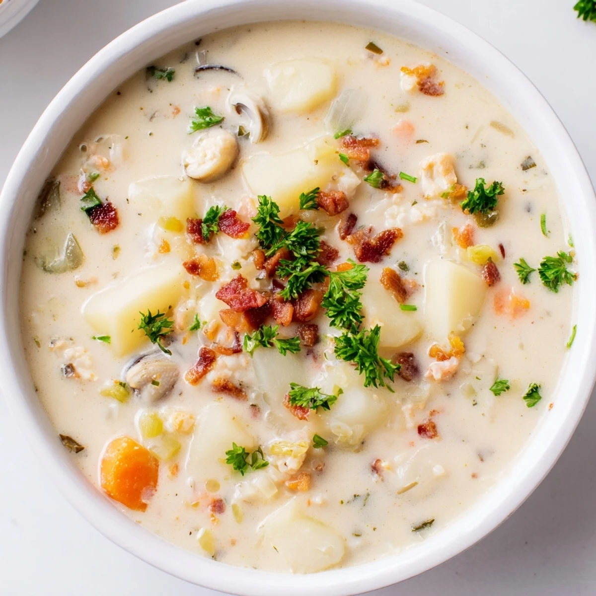 A steaming bowl of New England Clam Chowder, creamy and packed with clams and potatoes.