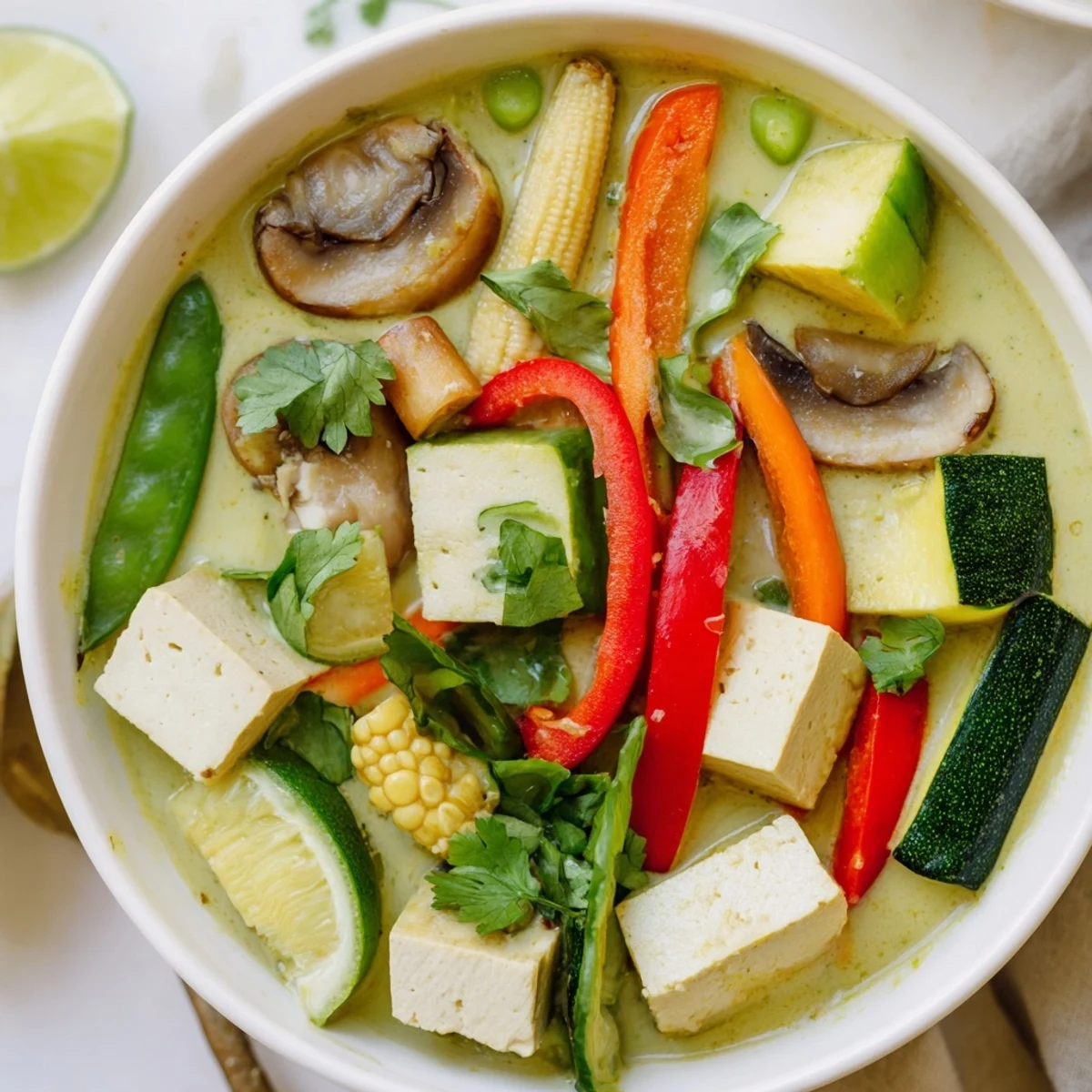 Steaming Thai Green Curry Coconut Soup with crisp vegetables, featuring tofu or chicken; vibrant and flavorful.