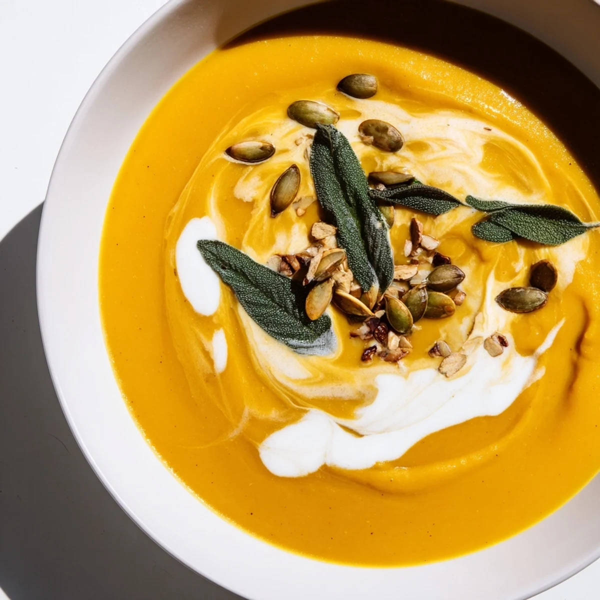 Creamy butternut squash soup in a bowl, garnished with sage and inviting warmth.