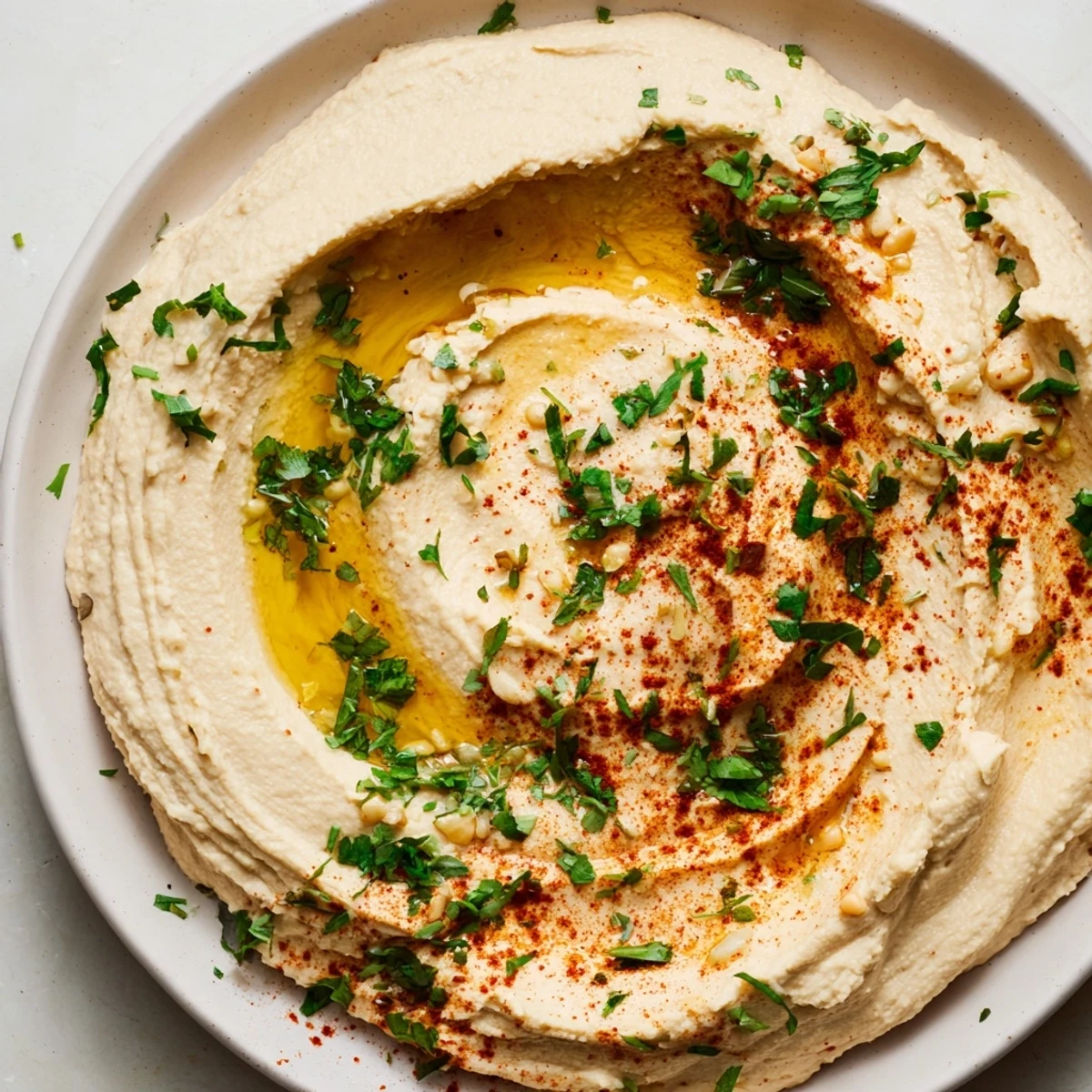 A vibrant Levantine hummus plate, garnished with paprika and parsley, perfect as an appetizer.