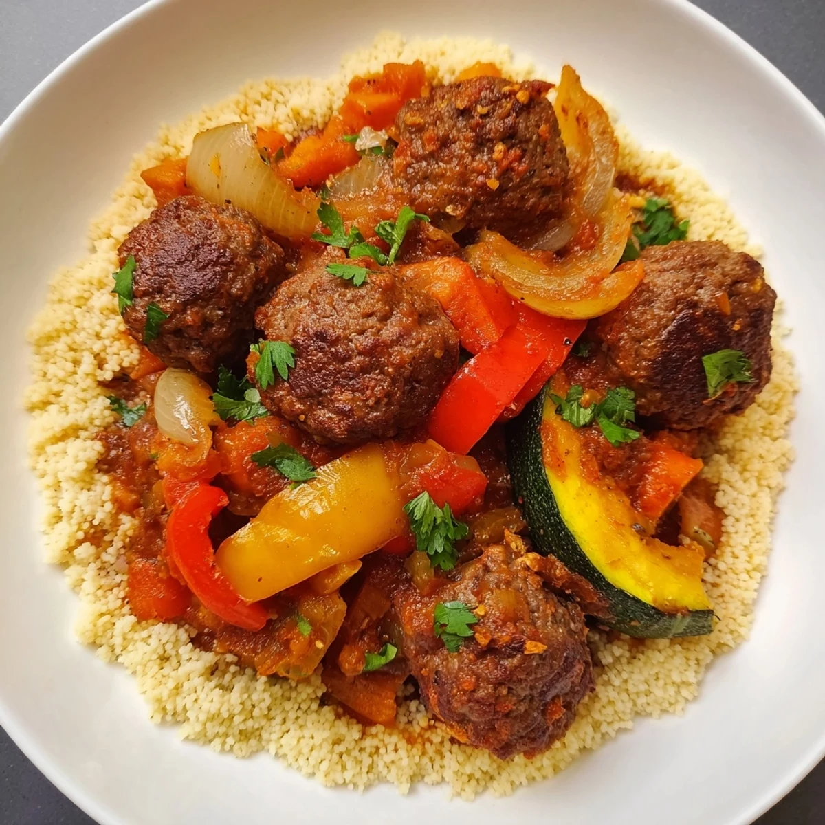 Plate of North African Couscous Kefta with juicy meatballs and vibrant vegetable sauce, perfect meal.