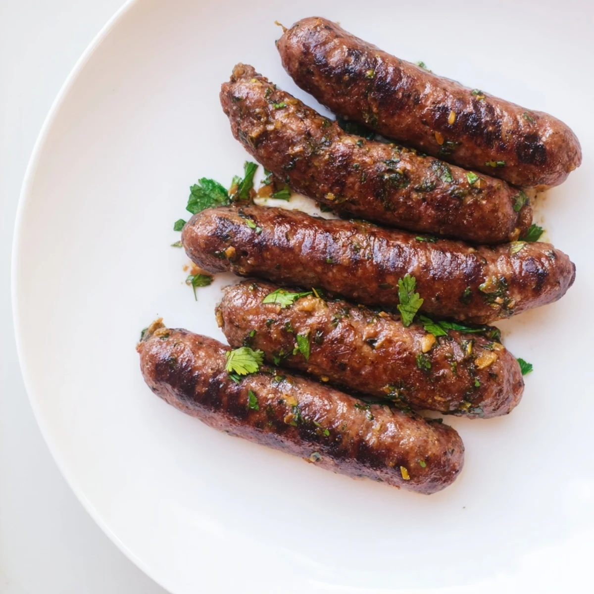 Grilled Tunisian Merguez Sausage, browned and juicy, ready to be sliced and enjoyed.