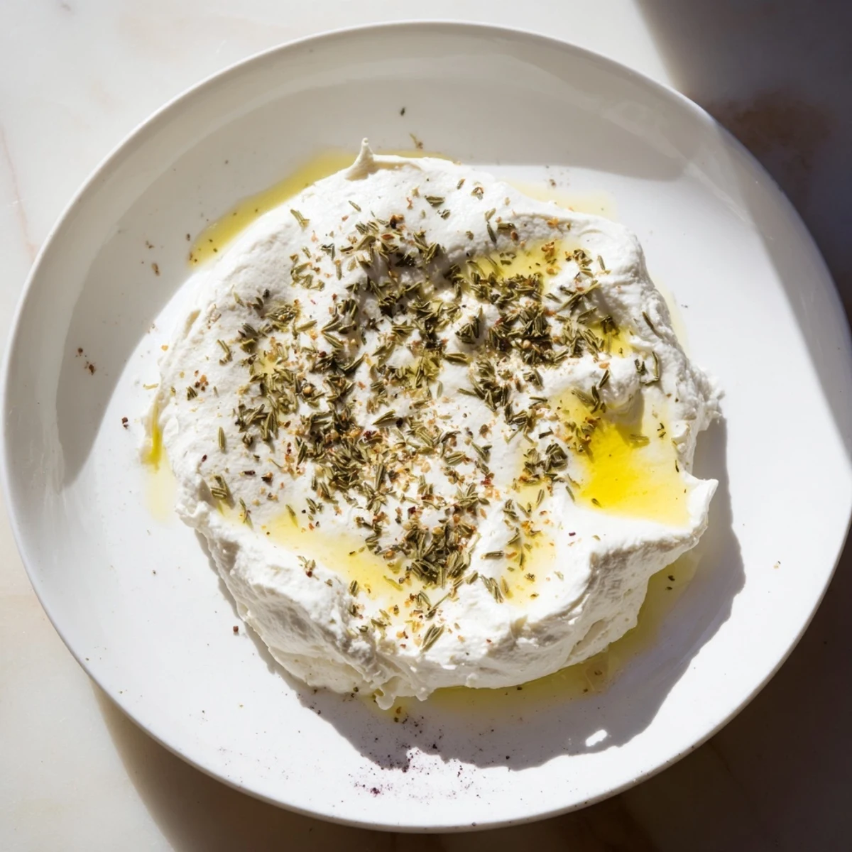 Creamy homemade Levantine labneh cheese drizzled with olive oil, ready for dipping with warm pita.