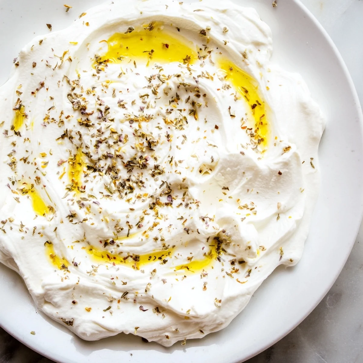 Tangy, thick Levantine labneh, a Middle Eastern spread; shown with optional herbs and spices for flavor.