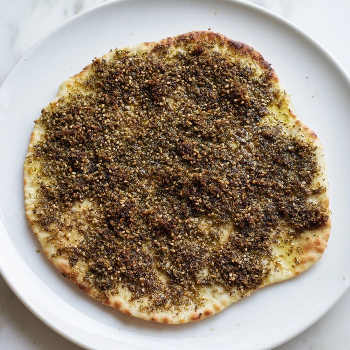A close-up of freshly baked Levantine Zaatar Bread, fragrant with herbs and ready to serve warm.