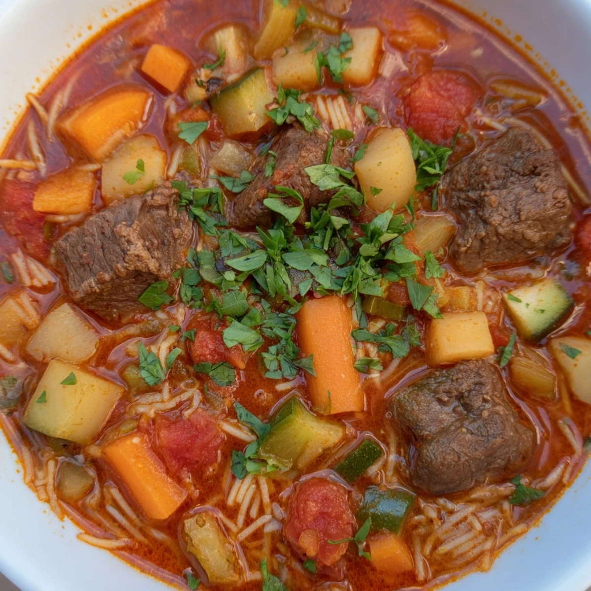 Steaming bowl of Algerian Chorba brimming with tender lamb, vegetables, and aromatic spices.