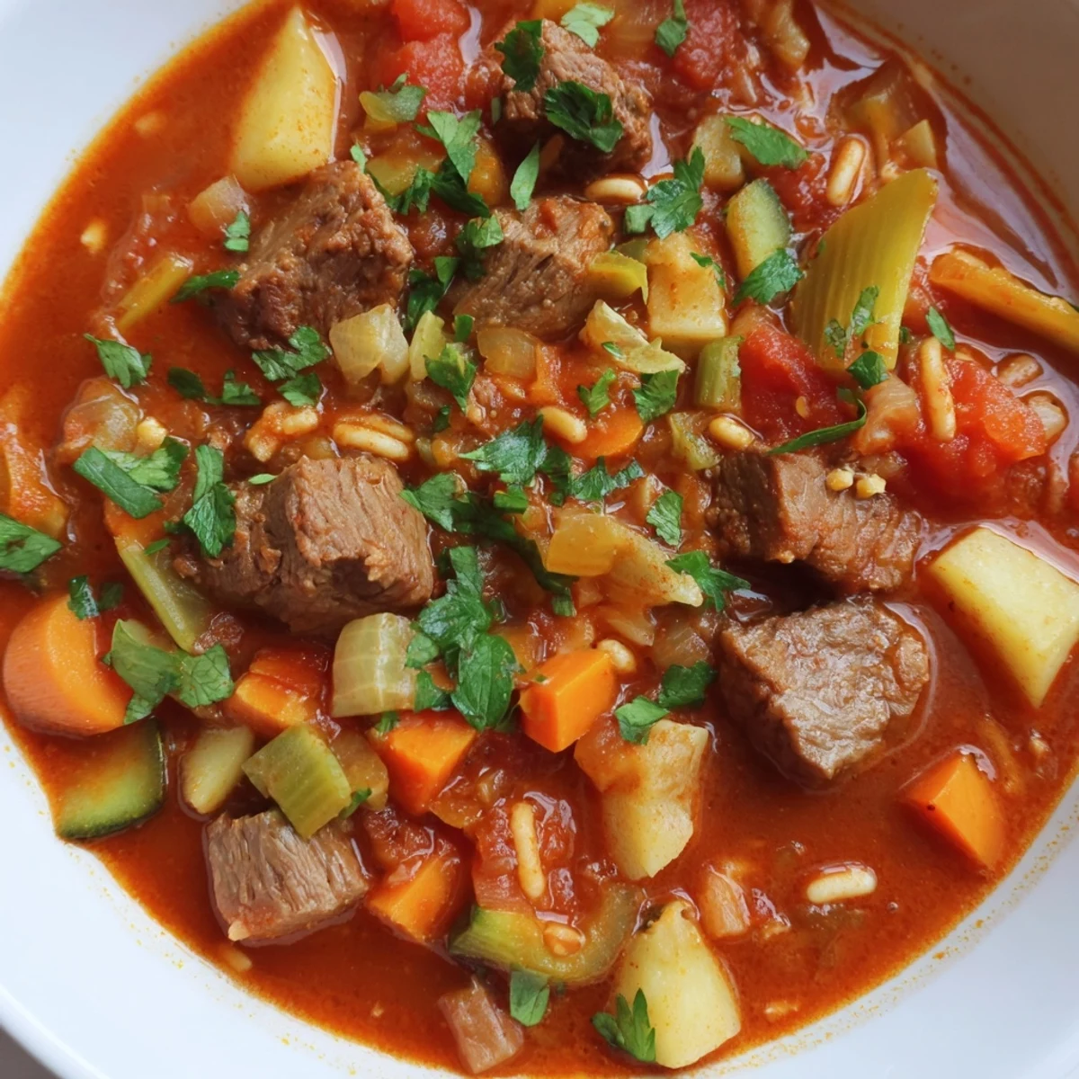 Close-up of a flavorful Algerian Chorba, garnished with fresh herbs, ready to be served hot.