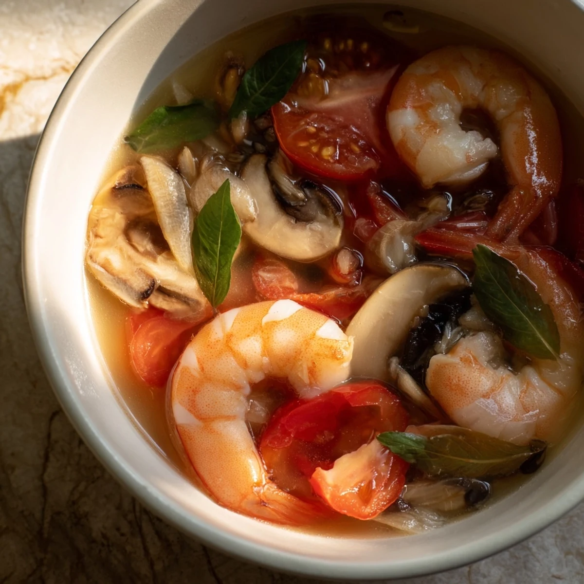 Bright red bowl with flavorful spicy Tom Yum soup, showcasing shrimp and vegetables; a delicious Thai creation.
