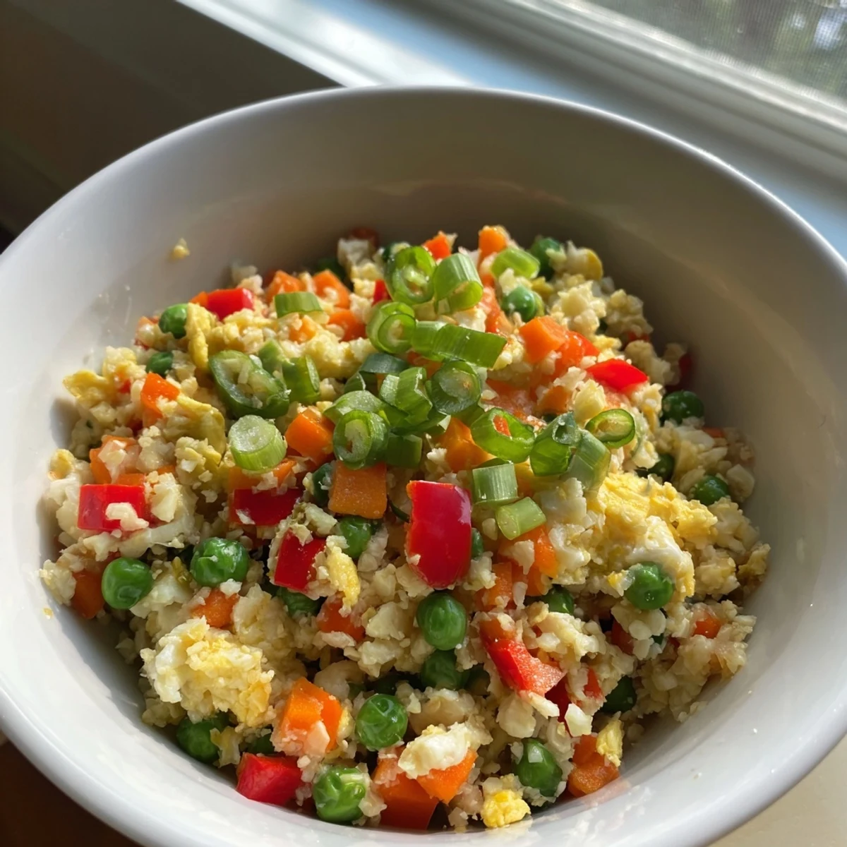 Fluffy cauliflower fried rice with colorful vegetables and scrambled eggs in a skillet.
