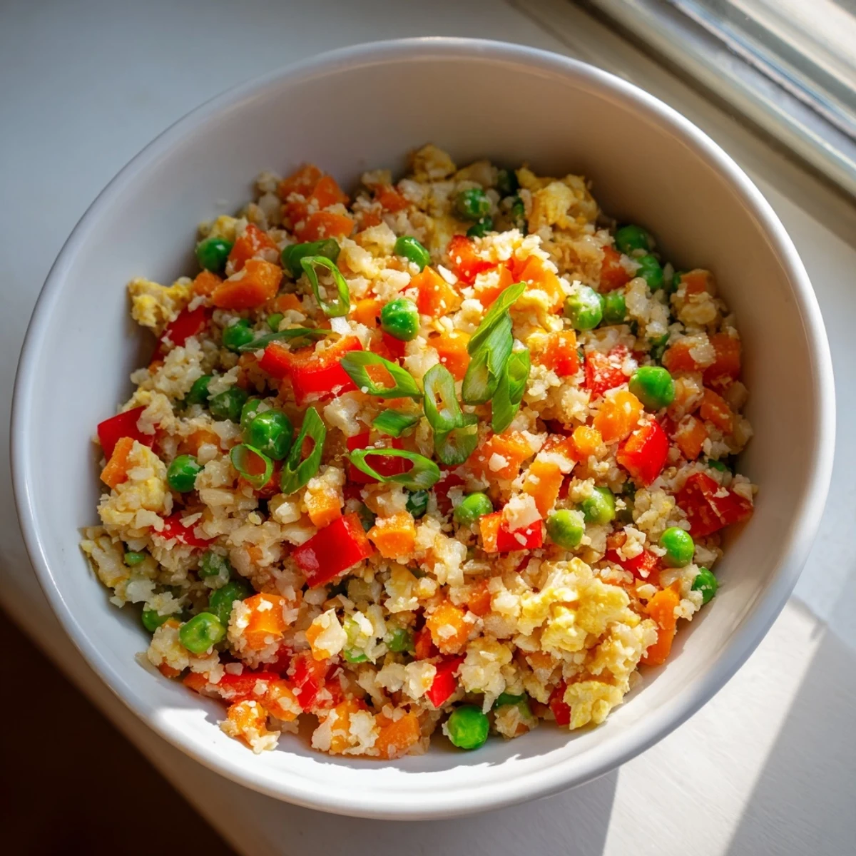 Sizzling cauliflower fried rice served in a bowl with chopsticks, ready to eat.