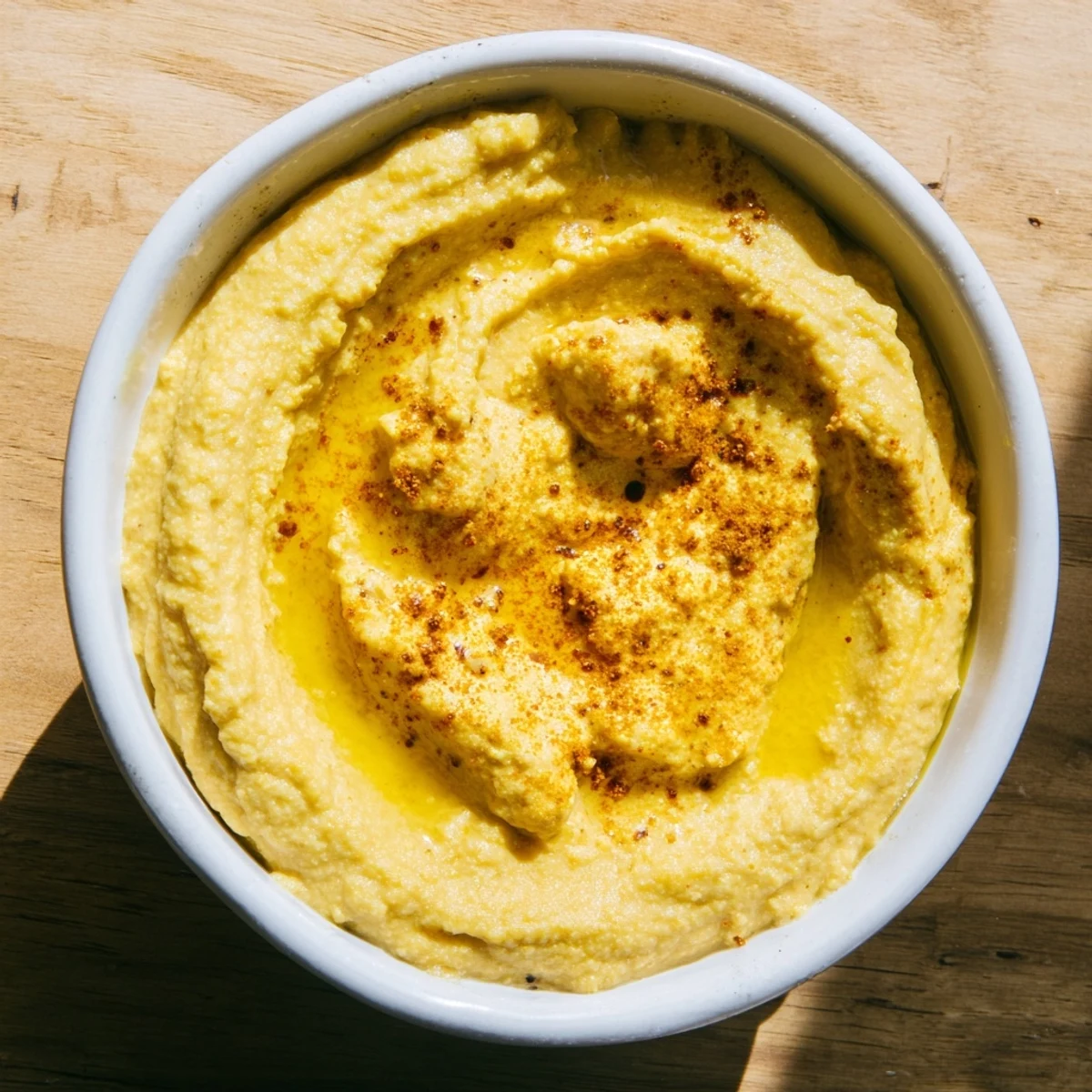 Creamy, golden-hued Chickpea Curry Paste swirled in a rustic bowl, garnished with a drizzle of olive oil and fresh cilantro for a vibrant Indian-inspired dip.  