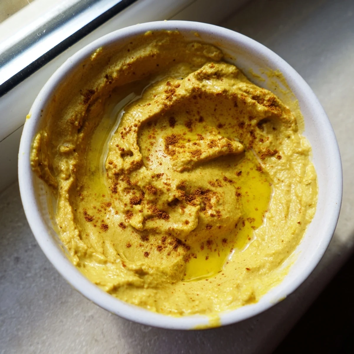 A bowl of homemade Chickpea Curry Paste, rich with turmeric and cumin, surrounded by pita chips and crunchy vegetable sticks for dipping.  