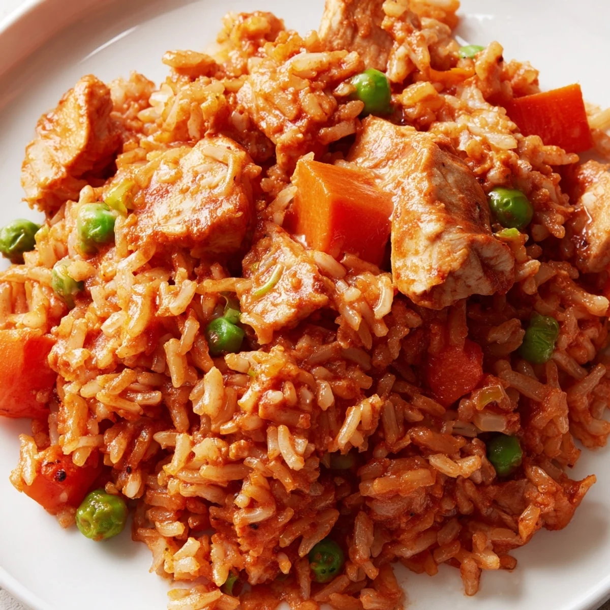 Golden Butter Chicken Fried Rice sizzles in a wok with peas, carrots, and creamy sauce, ready for serving.