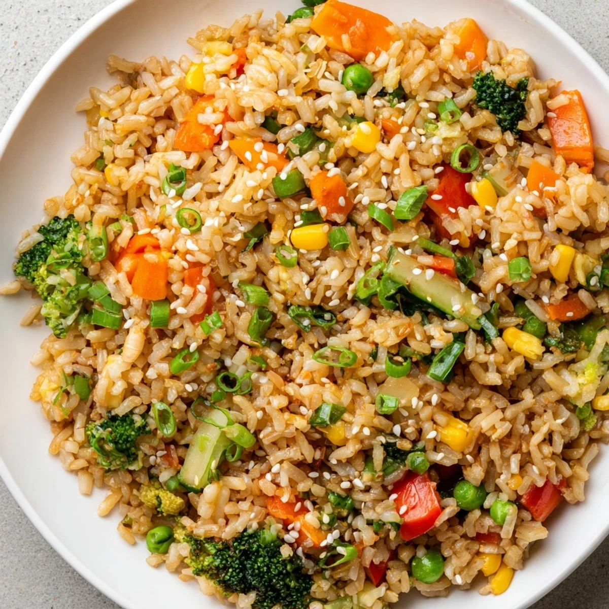 A close-up of colorful vegetable fried rice featuring crisp broccoli, sweet peas, and diced carrots in a hot wok, steam rising from the freshly tossed grains.  
