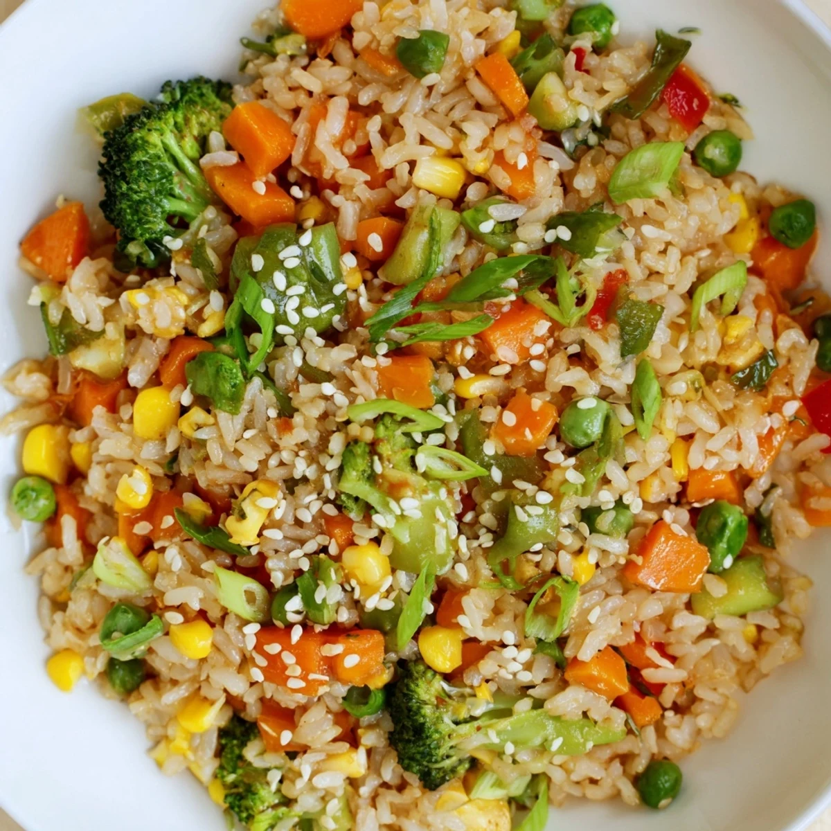 A vibrant bowl of homemade vegetable fried rice, garnished with green onions and sesame seeds, served alongside a small dipping sauce for an easy weeknight meal.  