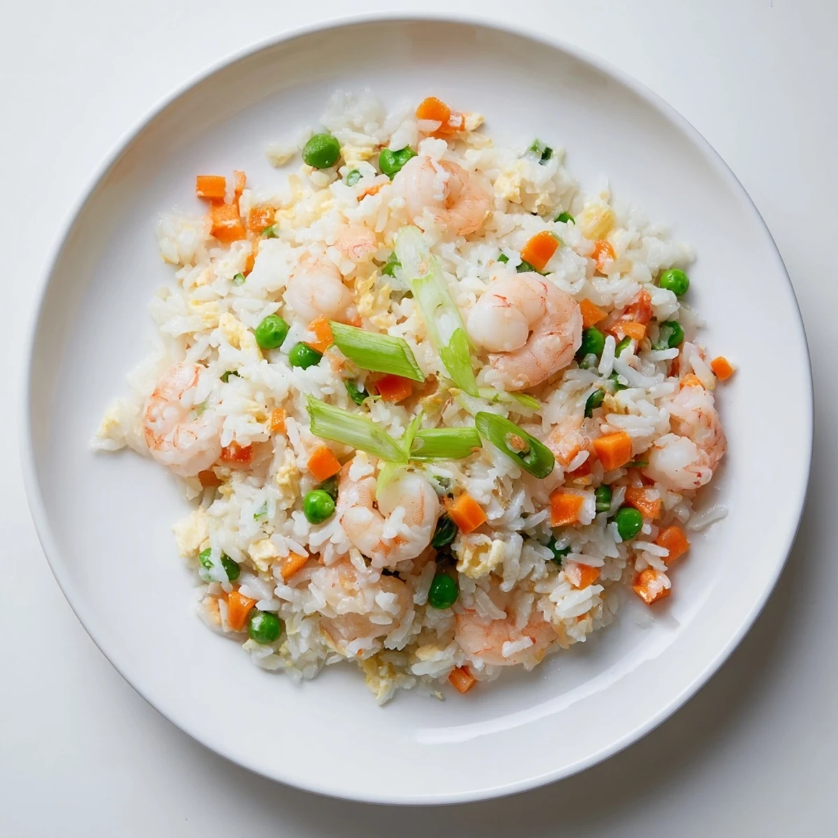 A close-up of fluffy Shrimp Garlic Fried Rice garnished with lime wedges and extra spring onions for a bright finish.