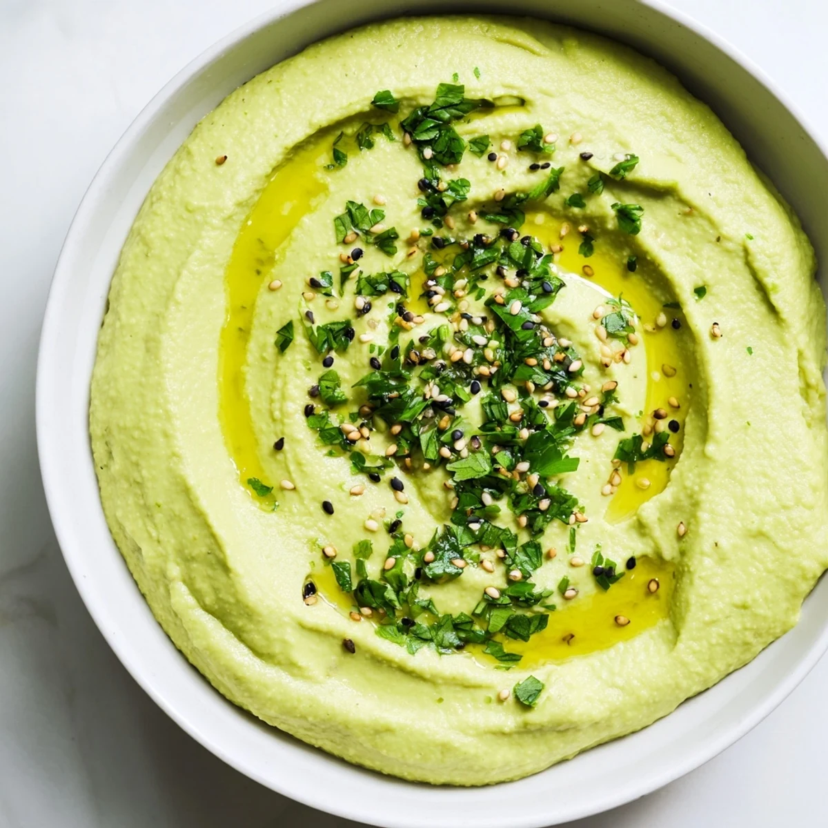A bowl of vibrant green Edamame Hummus topped with olive oil, toasted sesame seeds, and fresh parsley, served with pita chips.  