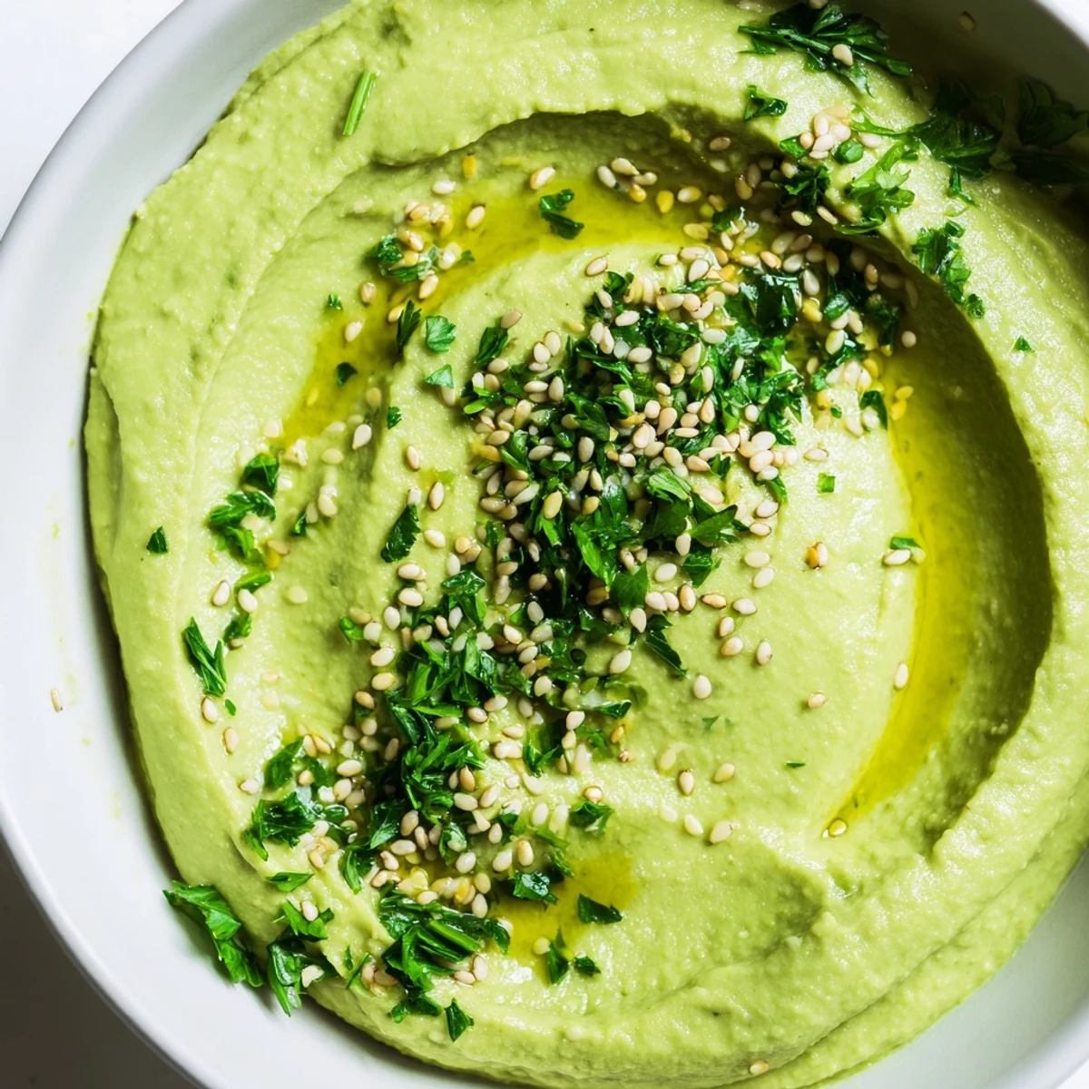 Edamame Hummus swirled in a rustic white bowl, garnished with a drizzle of olive oil and chopped parsley for a fresh appetizer.  