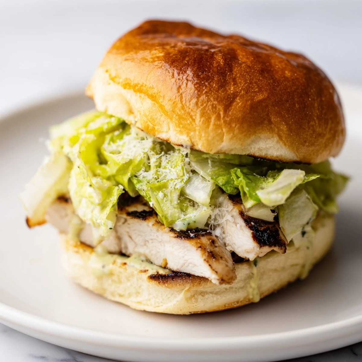 Juicy grilled chicken, crisp romaine, and creamy Caesar dressing piled high on a toasted brioche bun.