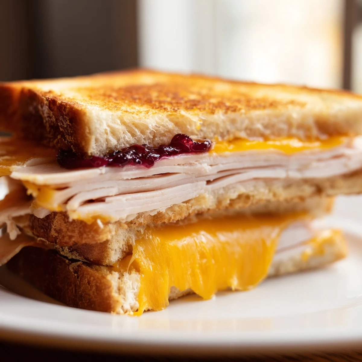 A close-up of a warm smoked turkey grilled cheese, revealing gooey cheddar and savory turkey tucked inside golden, toasted bread.