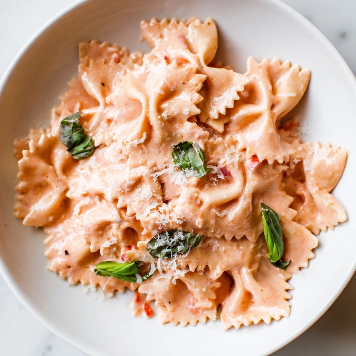 Creamy tomato basil bowtie pasta in a white bowl, garnished with fresh basil and grated Parmesan, steaming on a rustic wooden table.