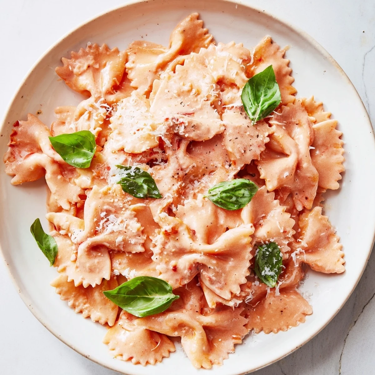 A close-up of vegetarian bowtie pasta with vibrant tomato basil sauce, paired with a side of crusty bread on a bright kitchen counter.