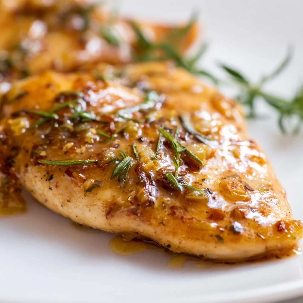 Juicy chicken breasts simmering in a sweet and tangy honey Dijon sauce, garnished with fresh parsley for a quick weeknight dinner.