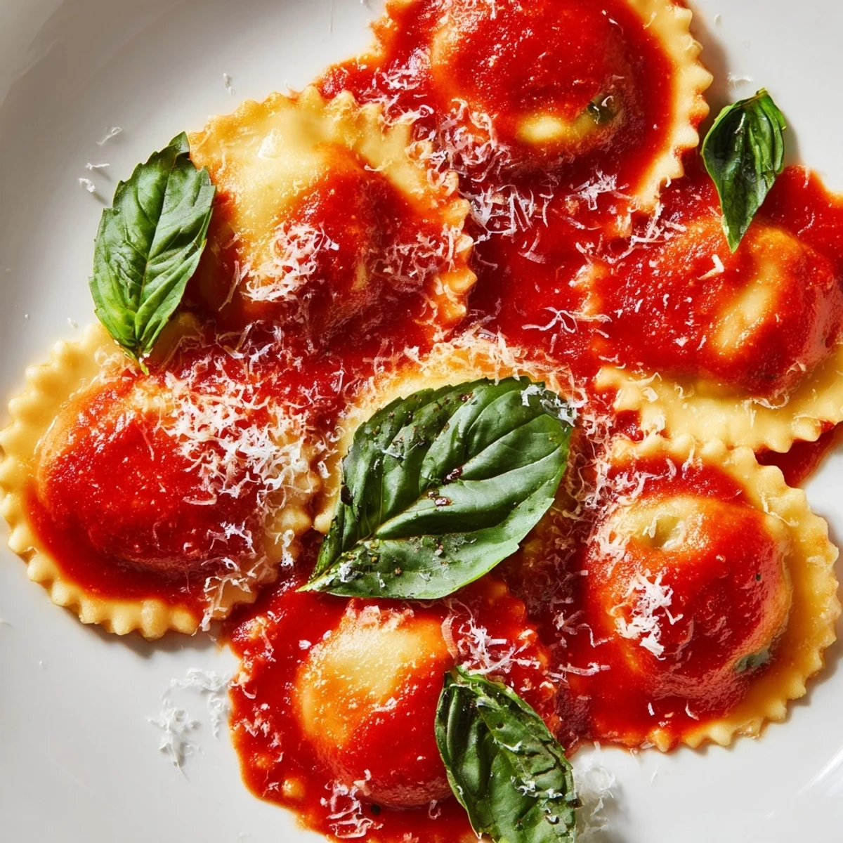 Homemade spinach ricotta ravioli glistening with marinara sauce and fresh basil garnish.
