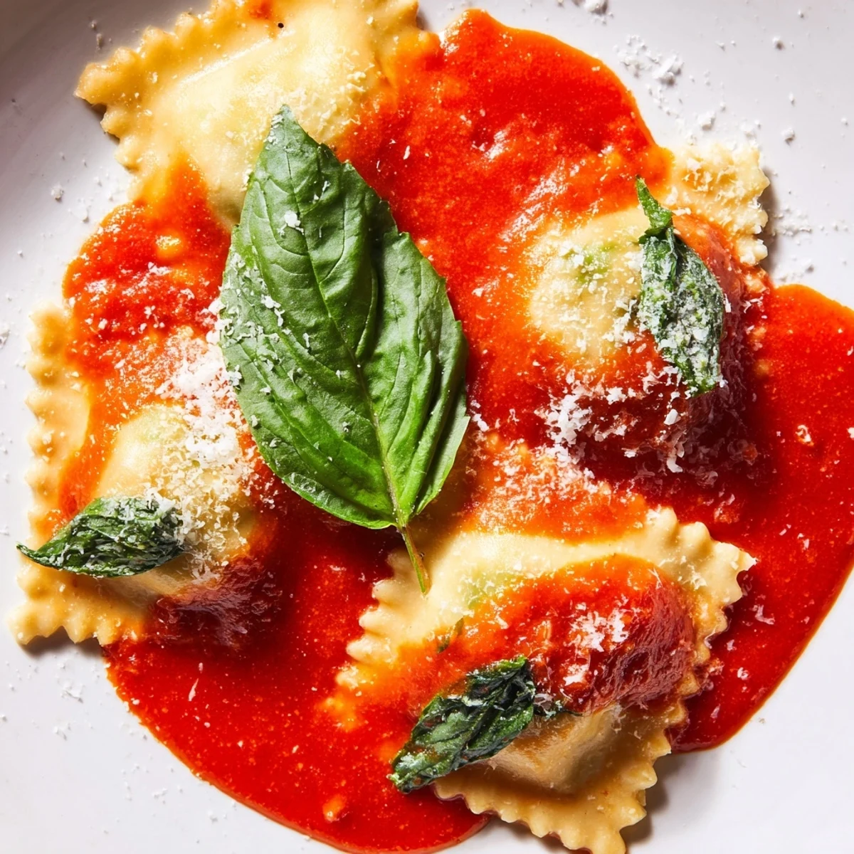 Freshly prepared spinach ricotta ravioli arranged on a rustic wooden board with sauce.
