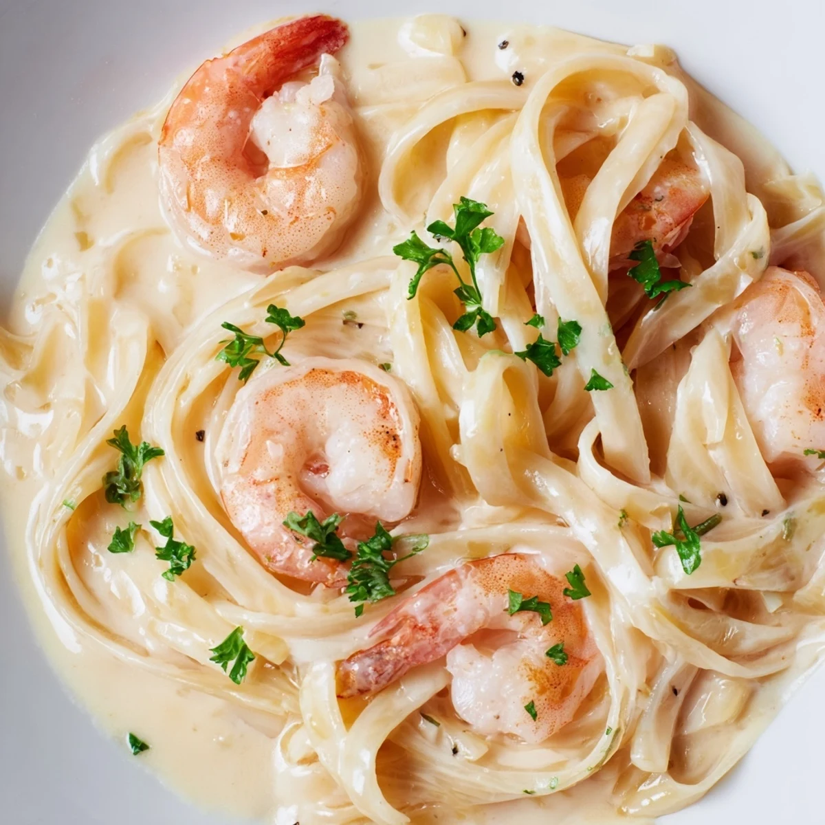 Creamy Garlic Shrimp Pasta, featuring pink shrimp and golden sauce twirled into linguine, garnished with fresh parsley.  