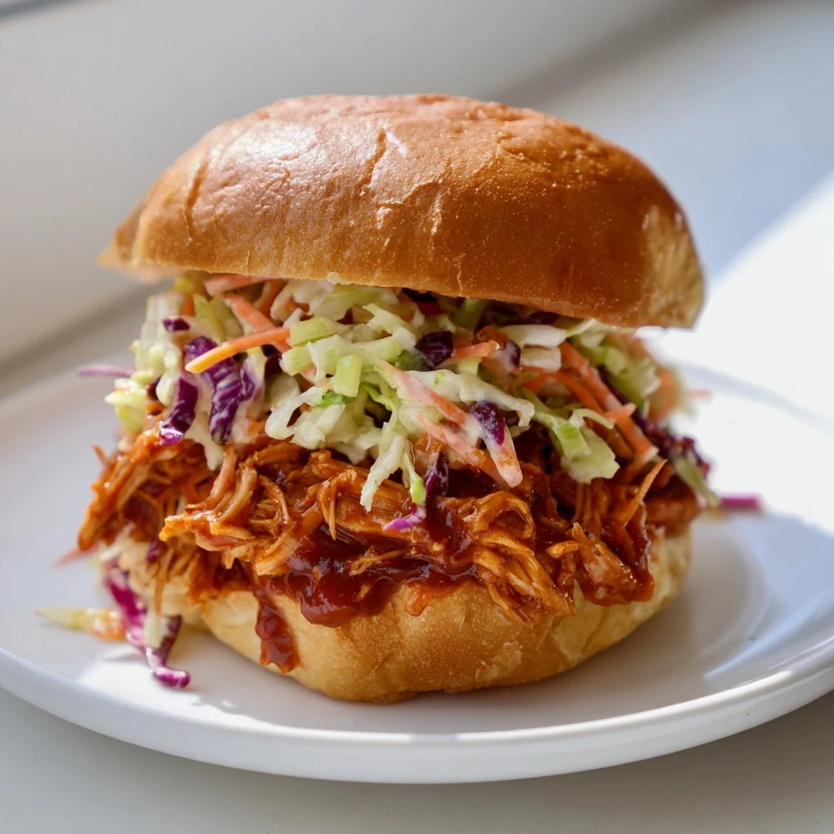 Golden-brown, tender pulled chicken sandwich piled high on a toasted brioche bun, topped with a vibrant, crunchy slaw for a delicious bite.