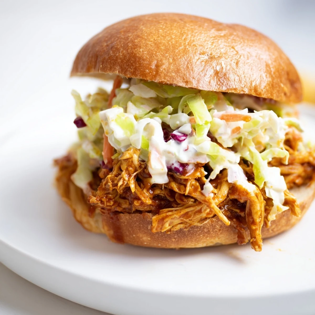 A close-up of a juicy pulled barbecue chicken sandwich on a soft brioche bun, garnished with fresh, tangy slaw and ready to serve.